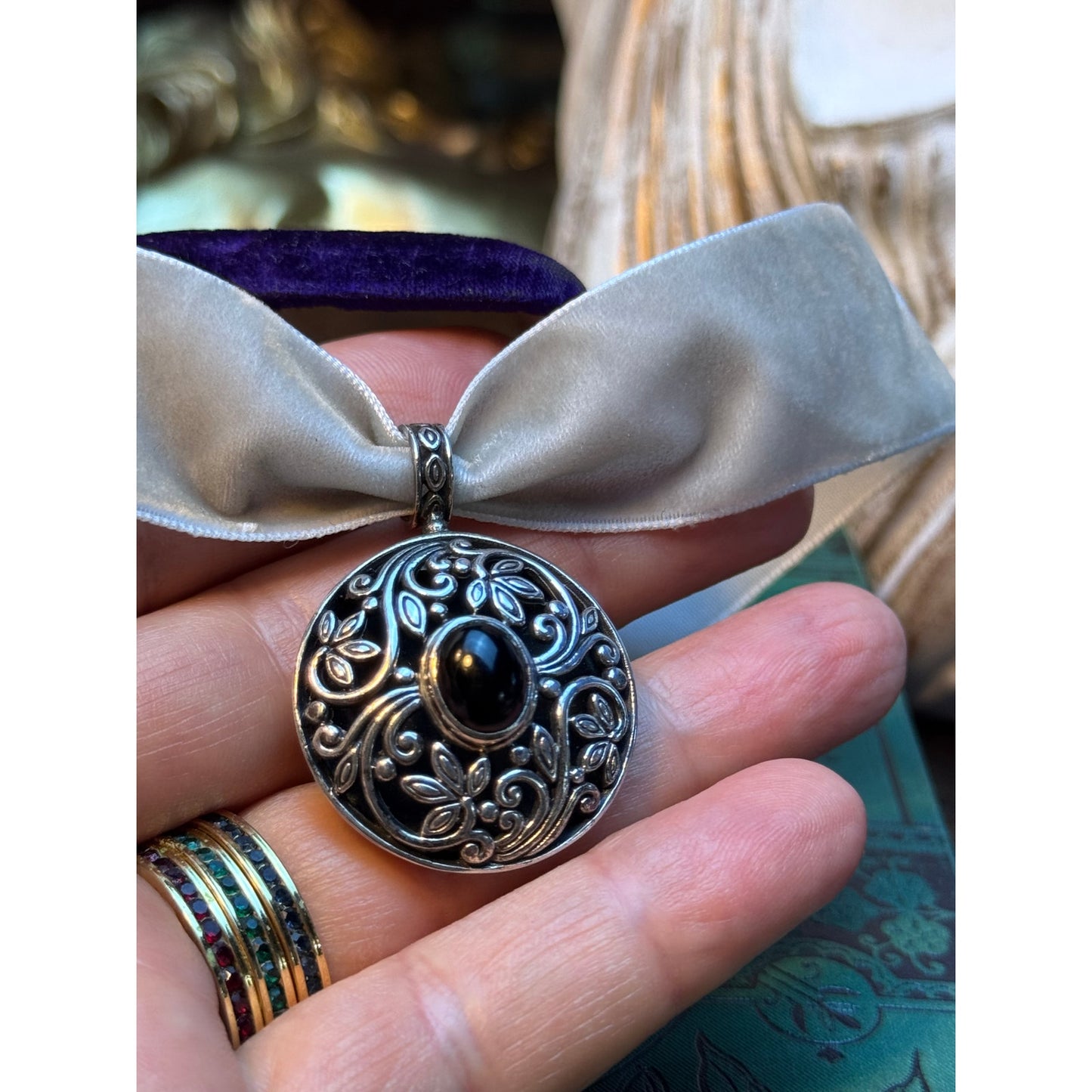 Sterling Silver Onyx Pendant Round Scrollwork Velvet Ribbon