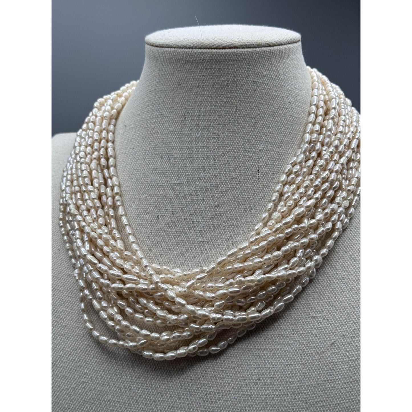 Natural Freshwater Pearl Necklace 19” Multi Strand Rice Pearl Goldtone Clasp