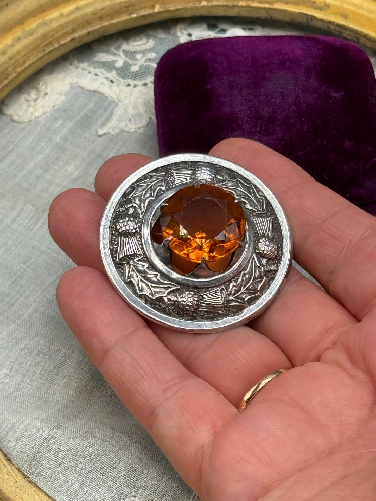 Scottish Thistle Brooch Silver Tested Amber Glass Faceted Stone 1.75” Signed Made Britain