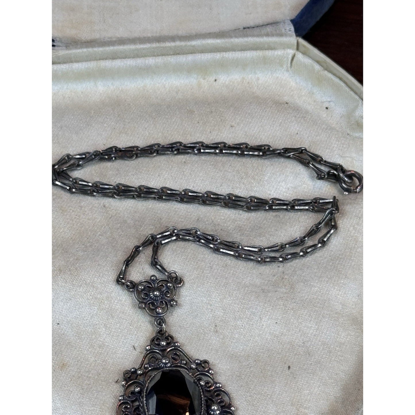 VTG Danecraft Sterling Silver Hematite Ornate Filigree Necklace w/ Original Tag