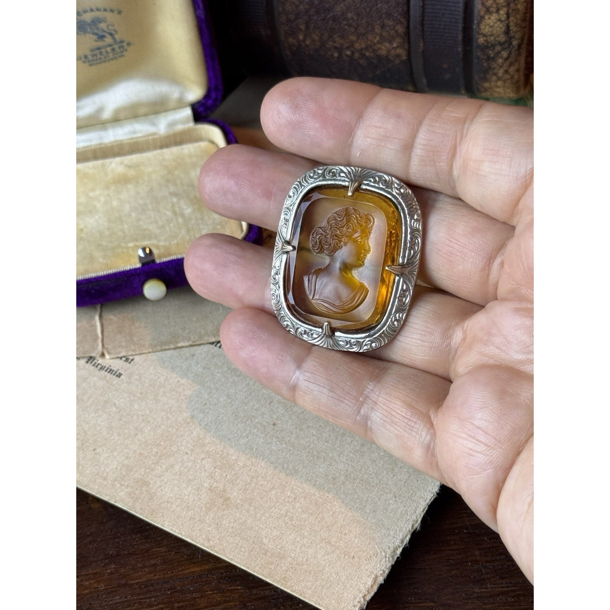 Vintage Cameo Portrait Brooch Pin Silvertone Frame Yellow Cushion Beauty Theme