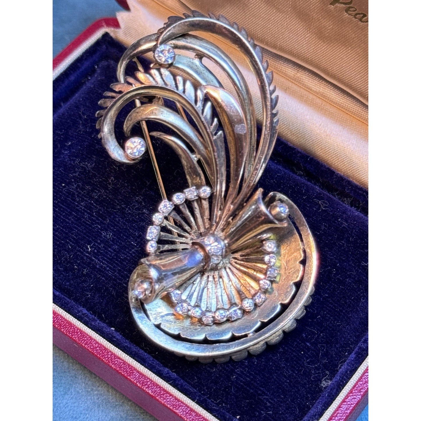 R De Rosa Sterling Vermeil Fur Clip Rhinestone Floral Scroll Design Vintage