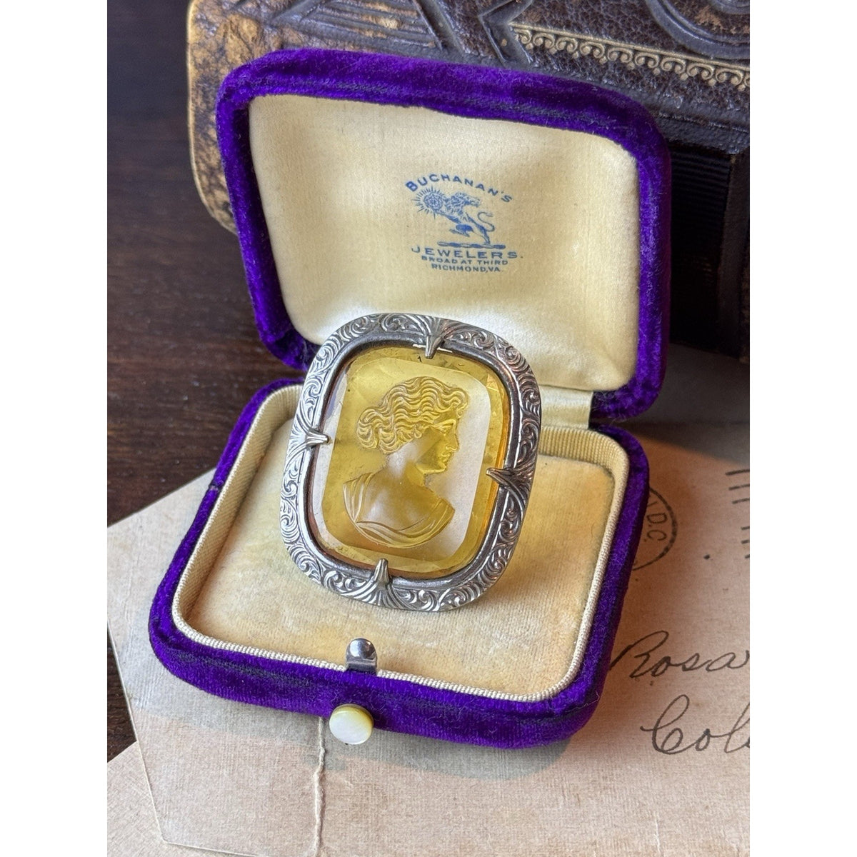 Vintage Cameo Portrait Brooch Pin Silvertone Frame Yellow Cushion Beauty Theme
