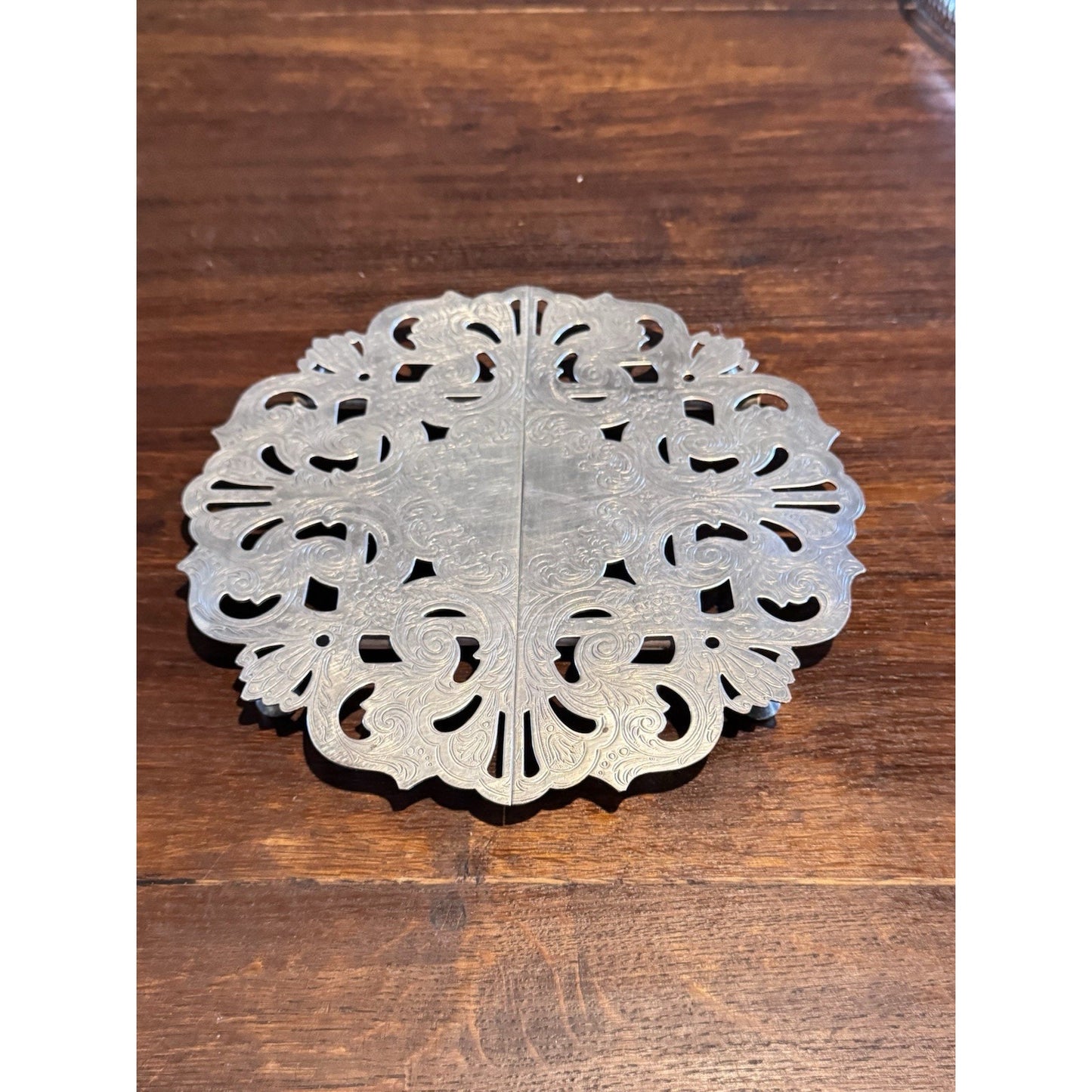 Silverplate Expandable Trivet Footed Serving Dish Stand Pierced VINTAGE