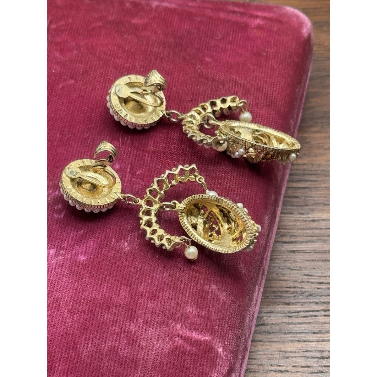 Vintage Clip-On Earrings Faux Pearl Amber Rhinestone Dangle Goldtone 2.5”
