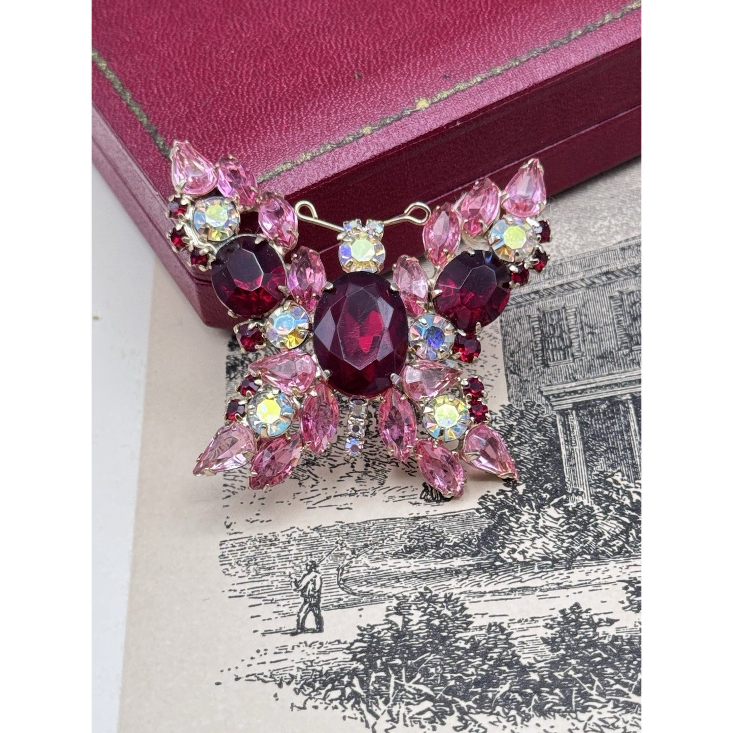 Vintage Butterfly Brooch Pink Red Rhinestone AB Crystal Goldtone Figural 2”