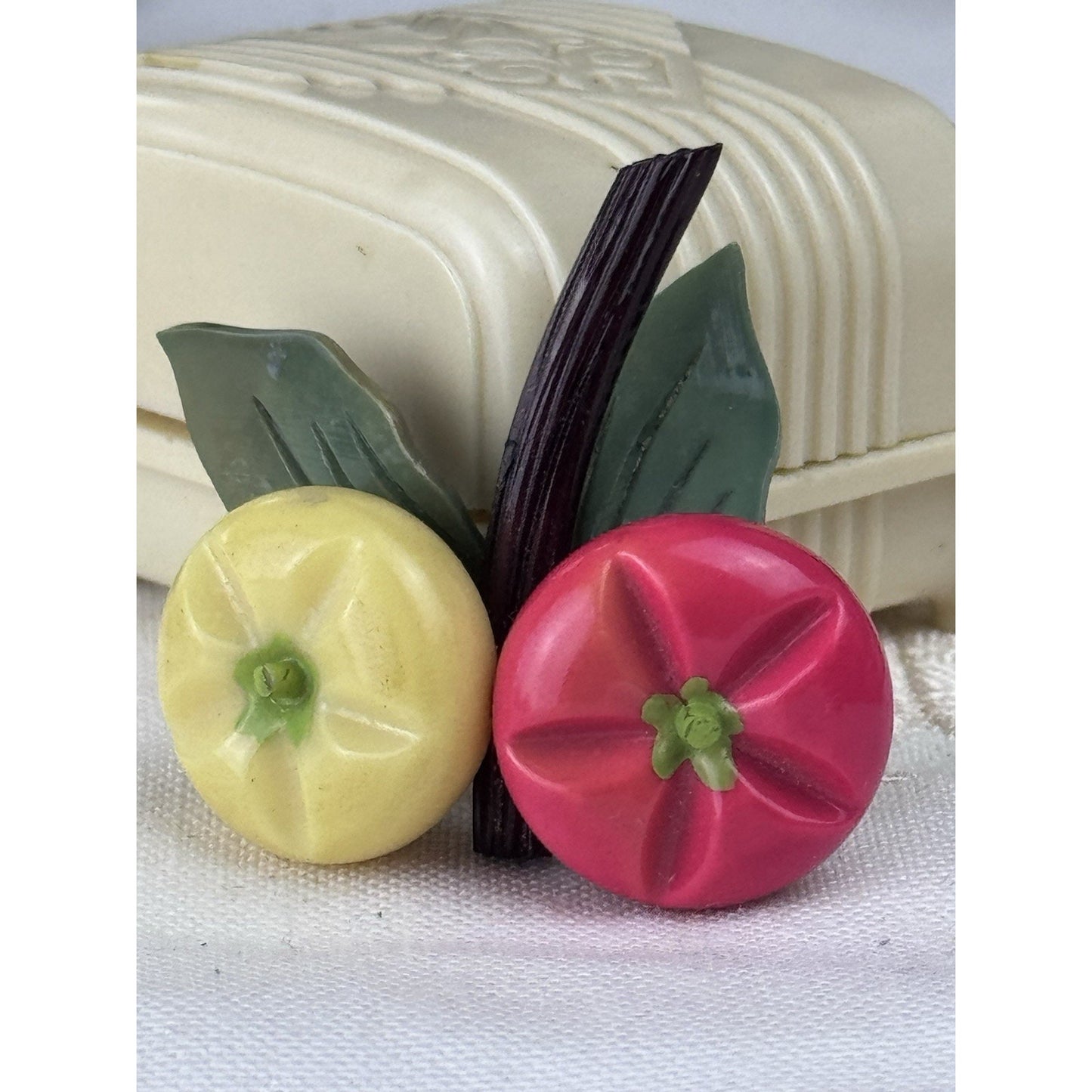 Plastic Fruit Brooch Pink Yellow Persimmon Figural Pin 2” Mid Century VINTAGE