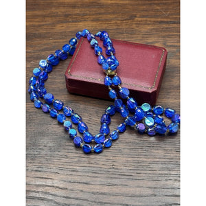 Vintage Blue Lucite AB Bead Necklace Double Strand Faceted Beads 19.5”