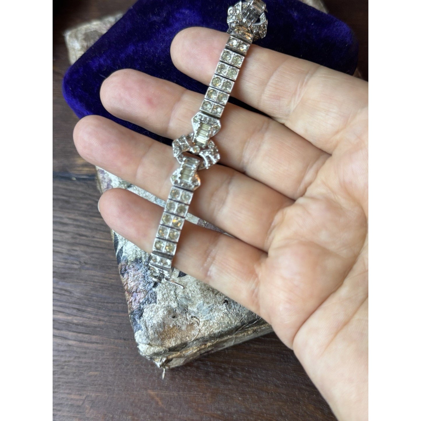 Antique Tennis Bracelet 1920s Sterling Silver Art Deco Rhinestone Patented 6”