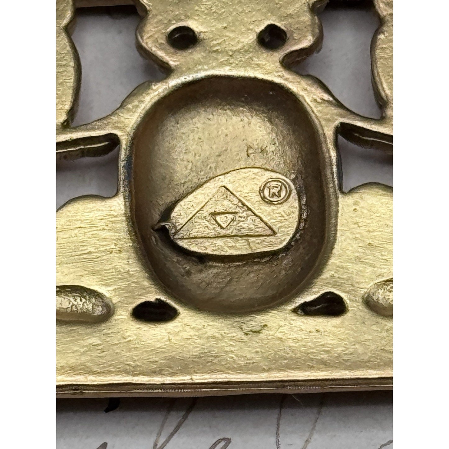 Egyptian Revival Goldtone Scarab Brooch Blue Cabochon 1.75” ESTATE FIND
