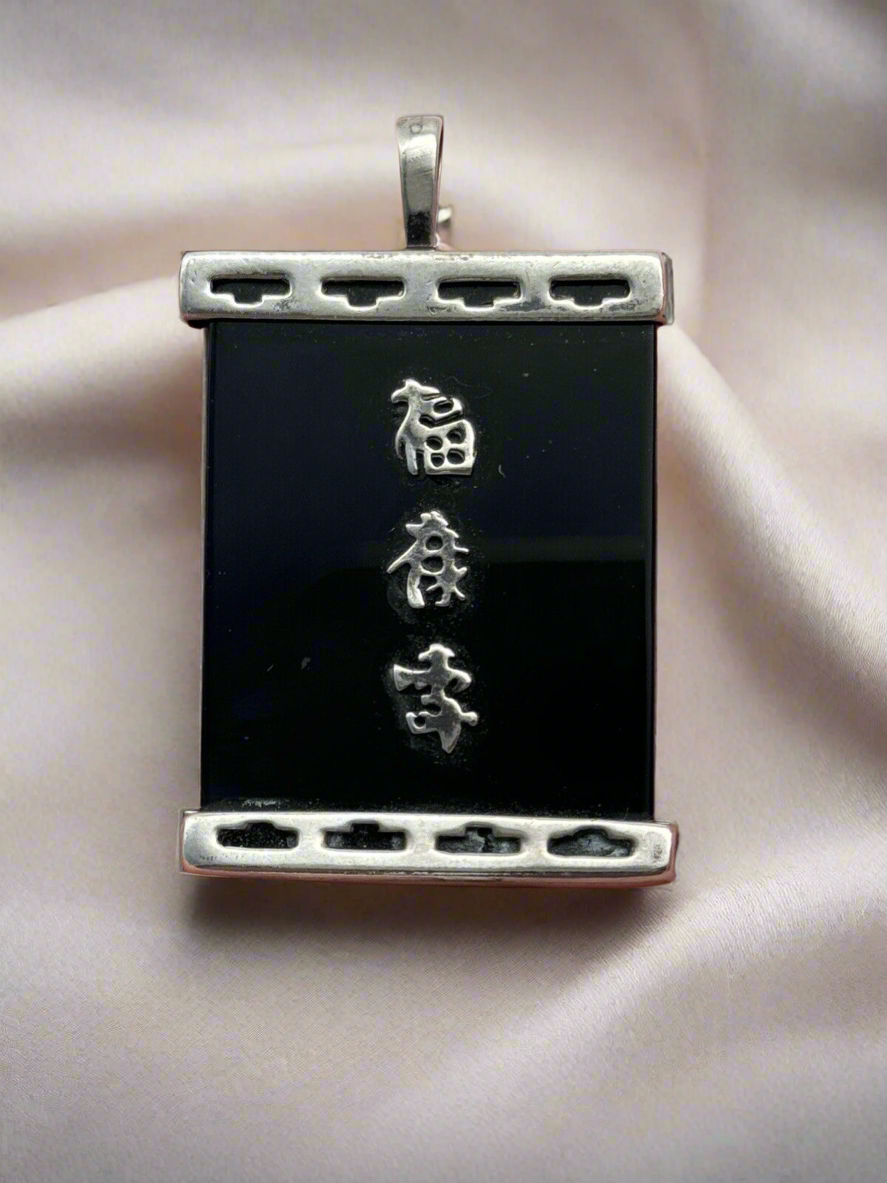 Vintage STERLING Black Onyx with Chinese Characters Pendant Fu Lu Shou 3 Deities ESTATE FIND