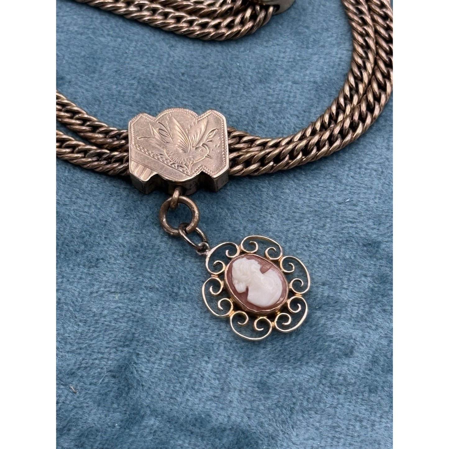 Antique Gold Filled Albert Watch Chain Cameo Fob T Bar 12” Victorian