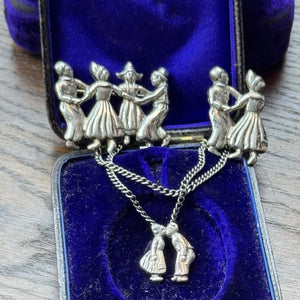 Vintage Dutch Dancers Chatelaine Brooch Silver Kissing Couple 1.38”