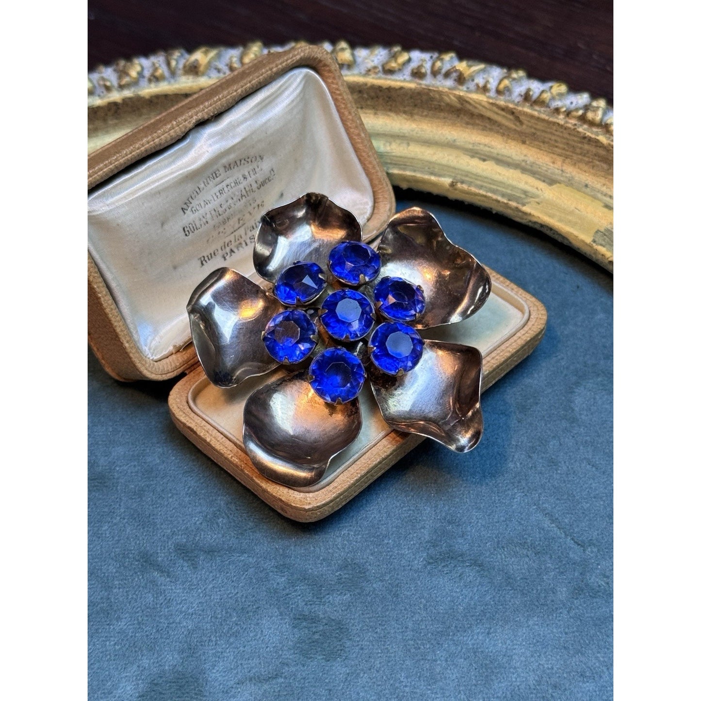 Vintage Sterling Vermeil Flower Brooch With Cobalt Blue Rhinestones