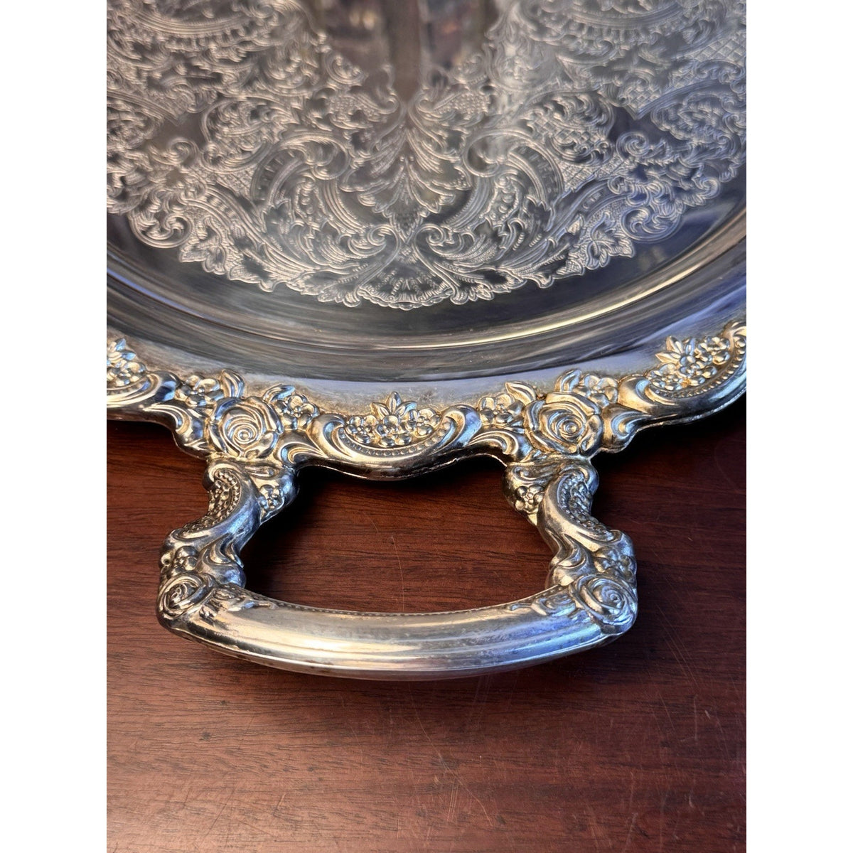 Silverplate Round Serving Tray Rose Border Handled Elegant Tableware