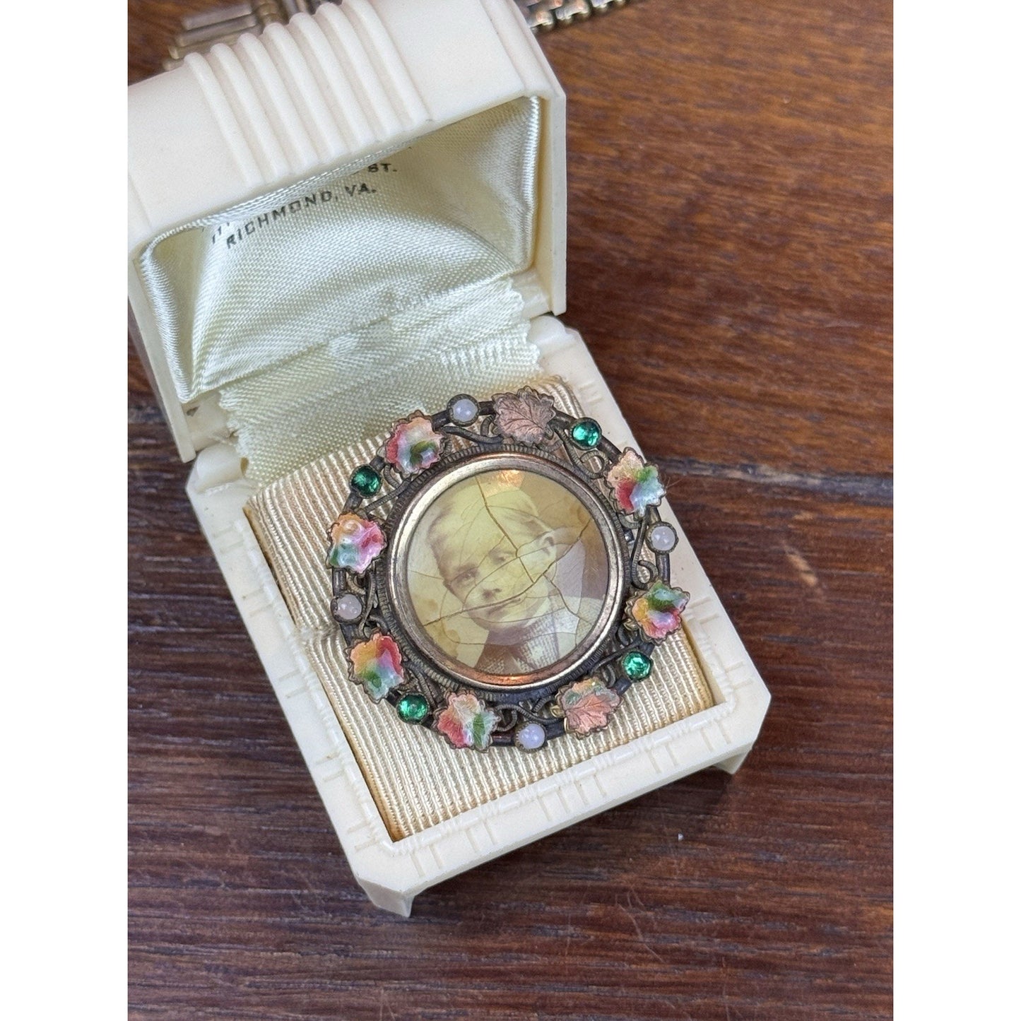 Antique Photo Button Converted Brooch Enamel Rhinestones 1.25” Round