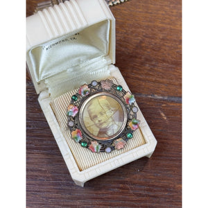 Antique Photo Button Converted Brooch Enamel Rhinestones 1.25” Round