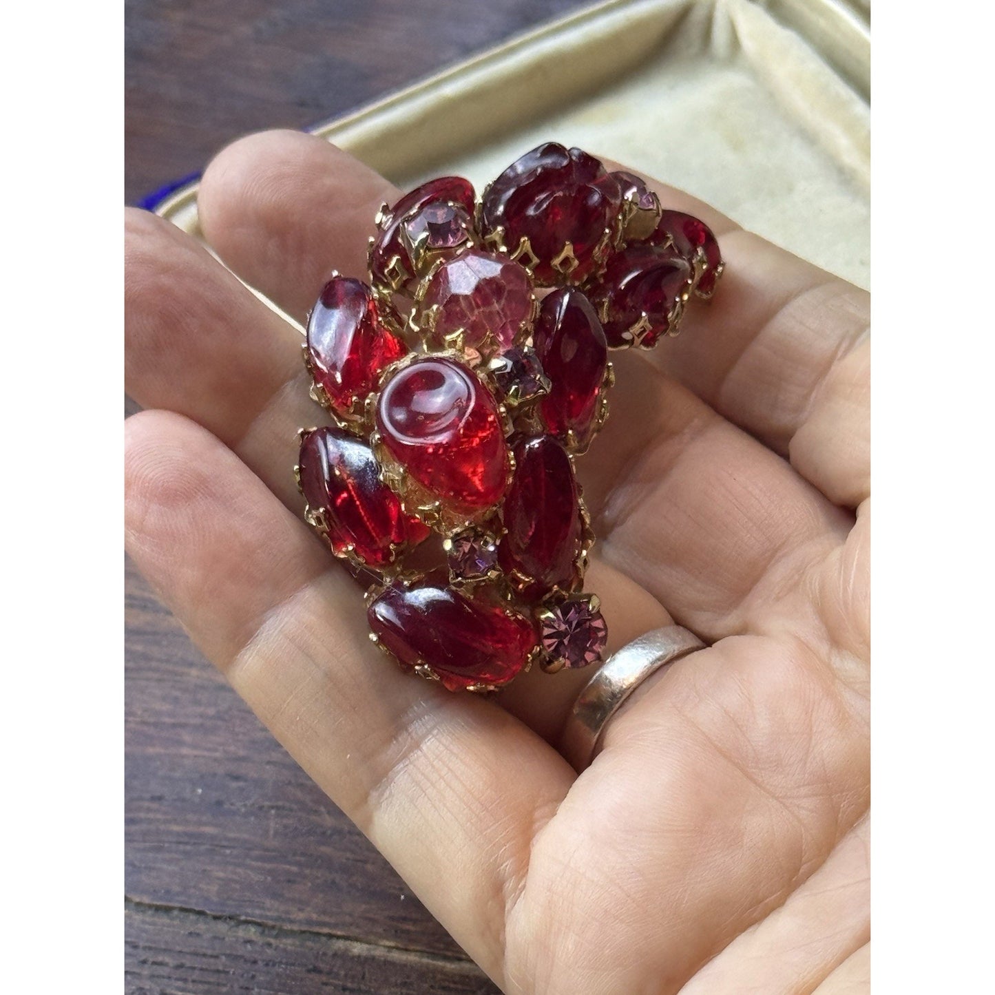 Vintage Brooch Red Lucite 2.25” Goldtone Crescent Cabochon Rhinestone Cluster