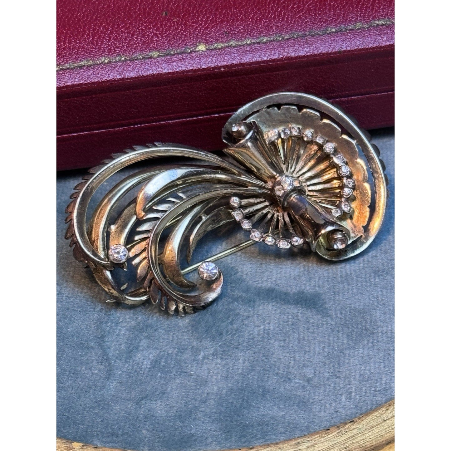 R De Rosa Sterling Vermeil Fur Clip Rhinestone Floral Scroll Design Vintage