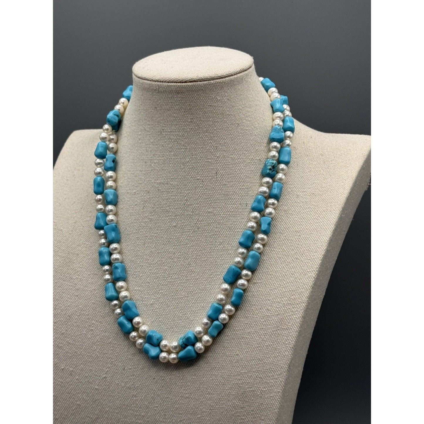 Cultured Pearl Blue/Green Stone Long Necklace 41” ESTATE FIND