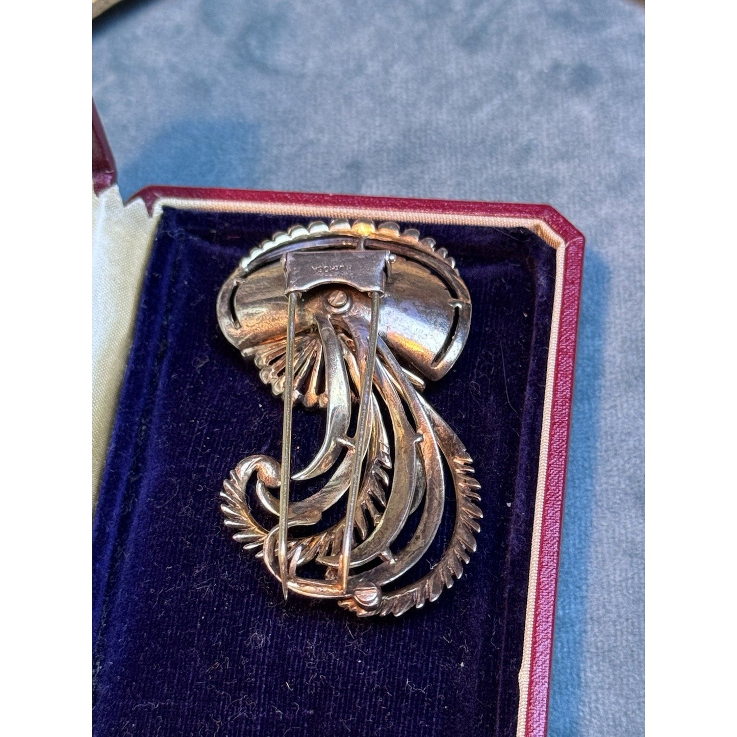 R De Rosa Sterling Vermeil Fur Clip Rhinestone Floral Scroll Design Vintage
