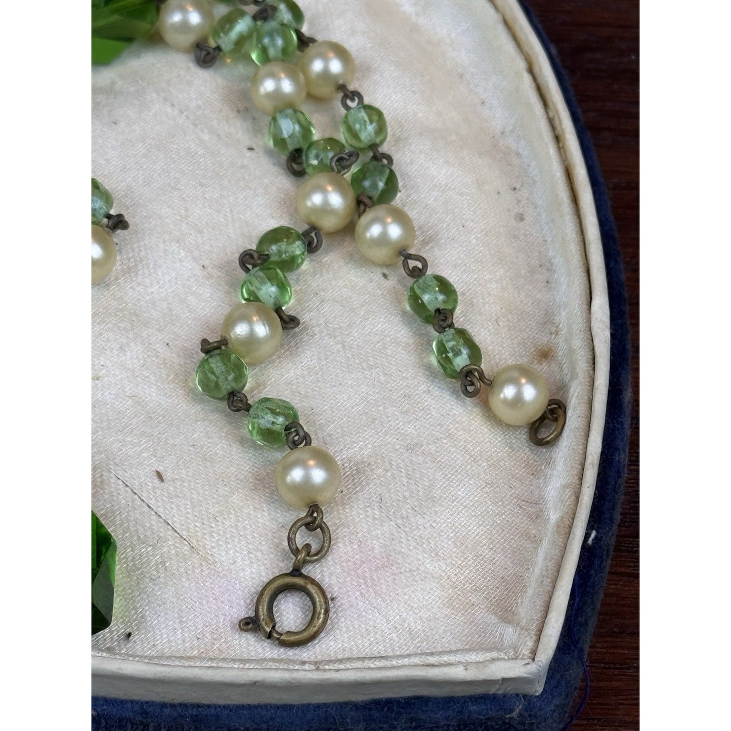 Vintage Czech Style Glass Necklace Green Crystal Faux Pearl Lavalier 17”