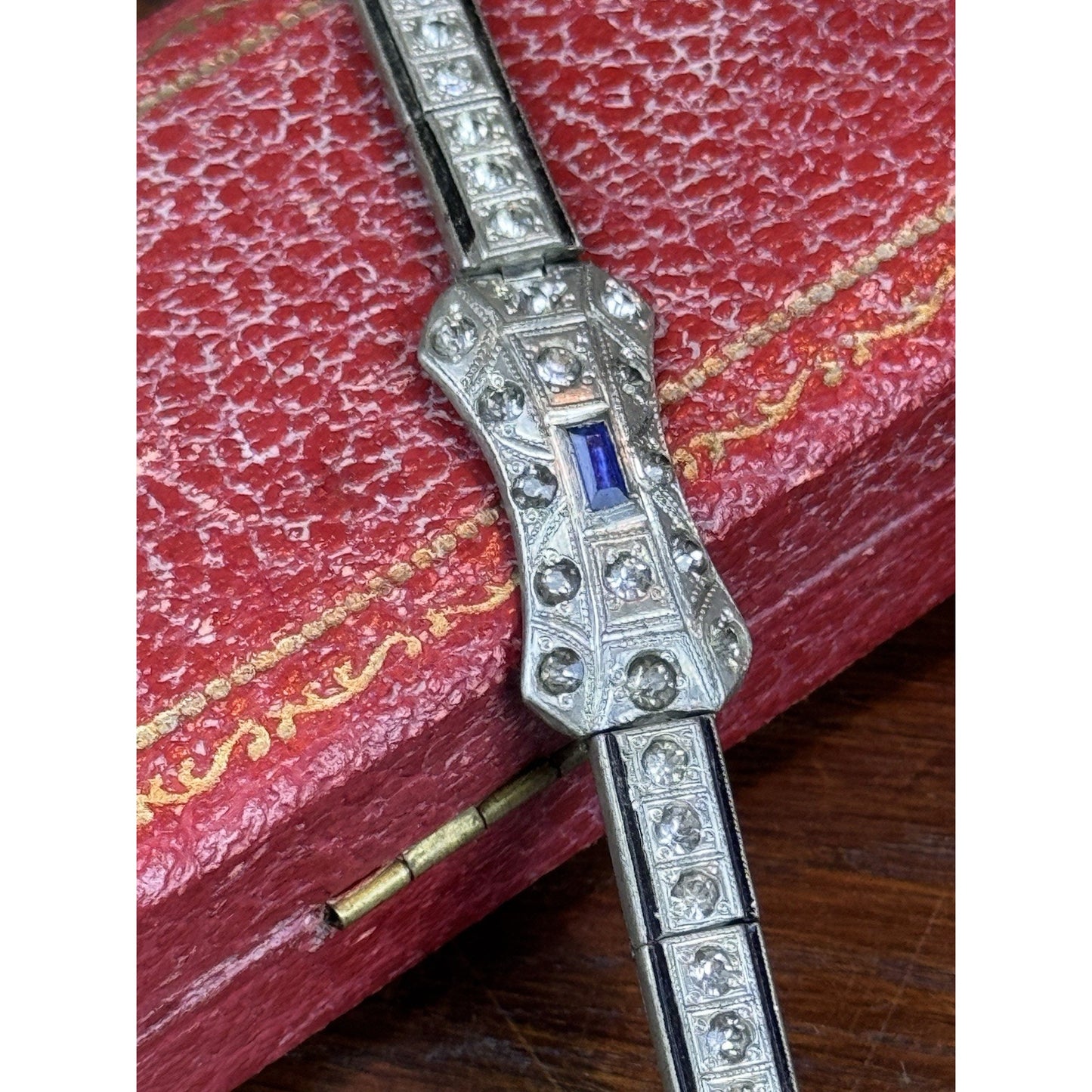 NOV-E-Line Bracelet 6” 1920s Art Deco Silvertone Rhinestone Blue Glass