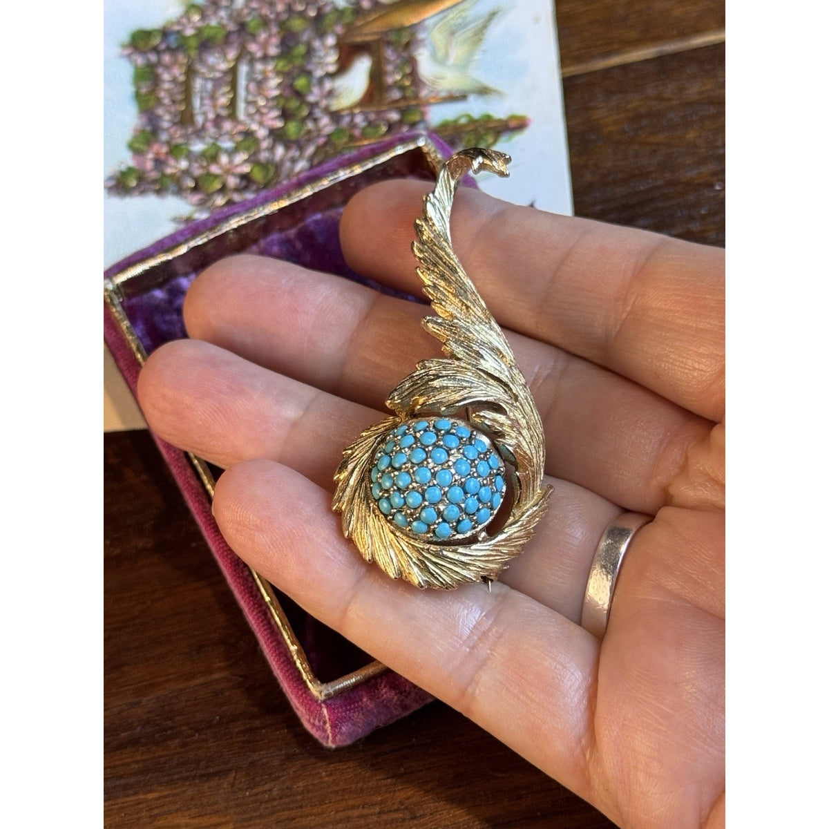 Signed Hattie Carnegie Brooch Goldtone Feather Turquoiseblue Glass 2.5”