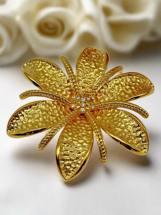 Joan Rivers Signed Large 3" Flower Brooch Goldtone Textured Petals Rhinestones