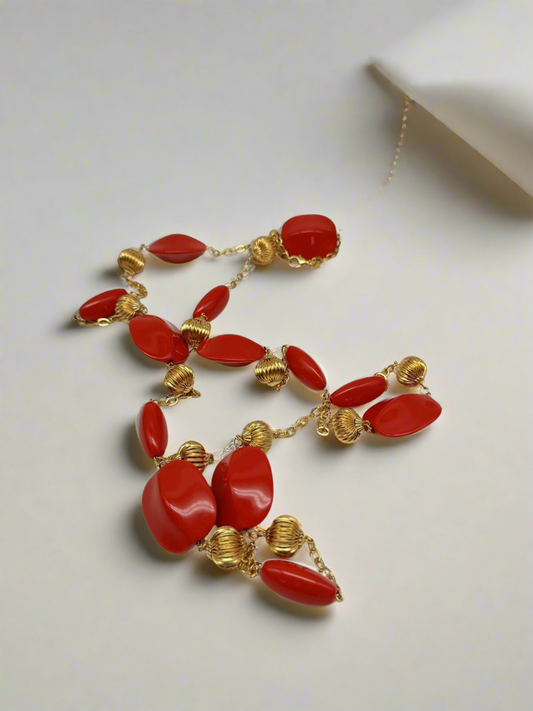 JOAN RIVERS Gold-tone LANTERN Bead RED Lucite Station Necklace Estate Find