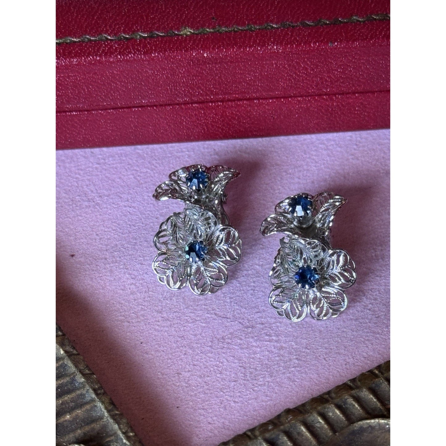 Vintage Blue Rhinestone Clip On Earrings Silvertone Filigree Floral 1”