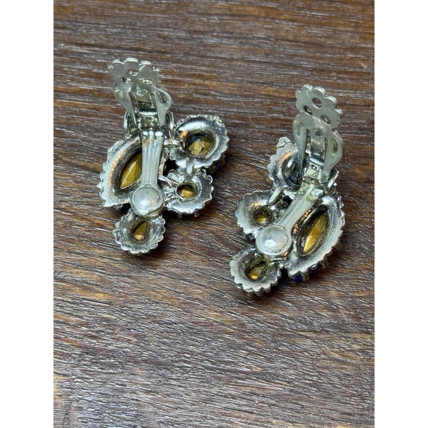 Vintage Cobalt Blue Rhinestone Clip On Earrings Silvertone
