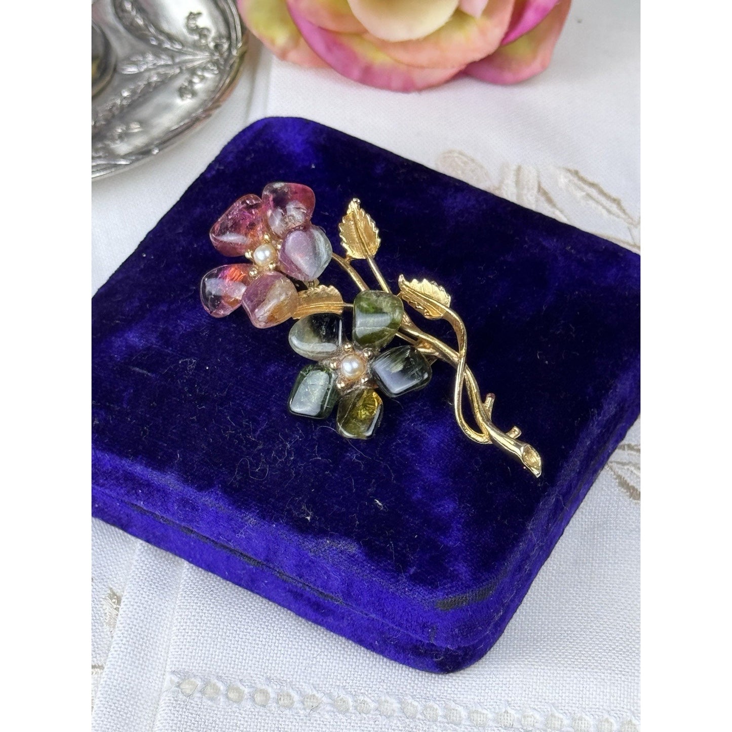 Vintage Pink Green Stone Floral Brooch Seed Pearl Goldtone 2.75” Estate Pin