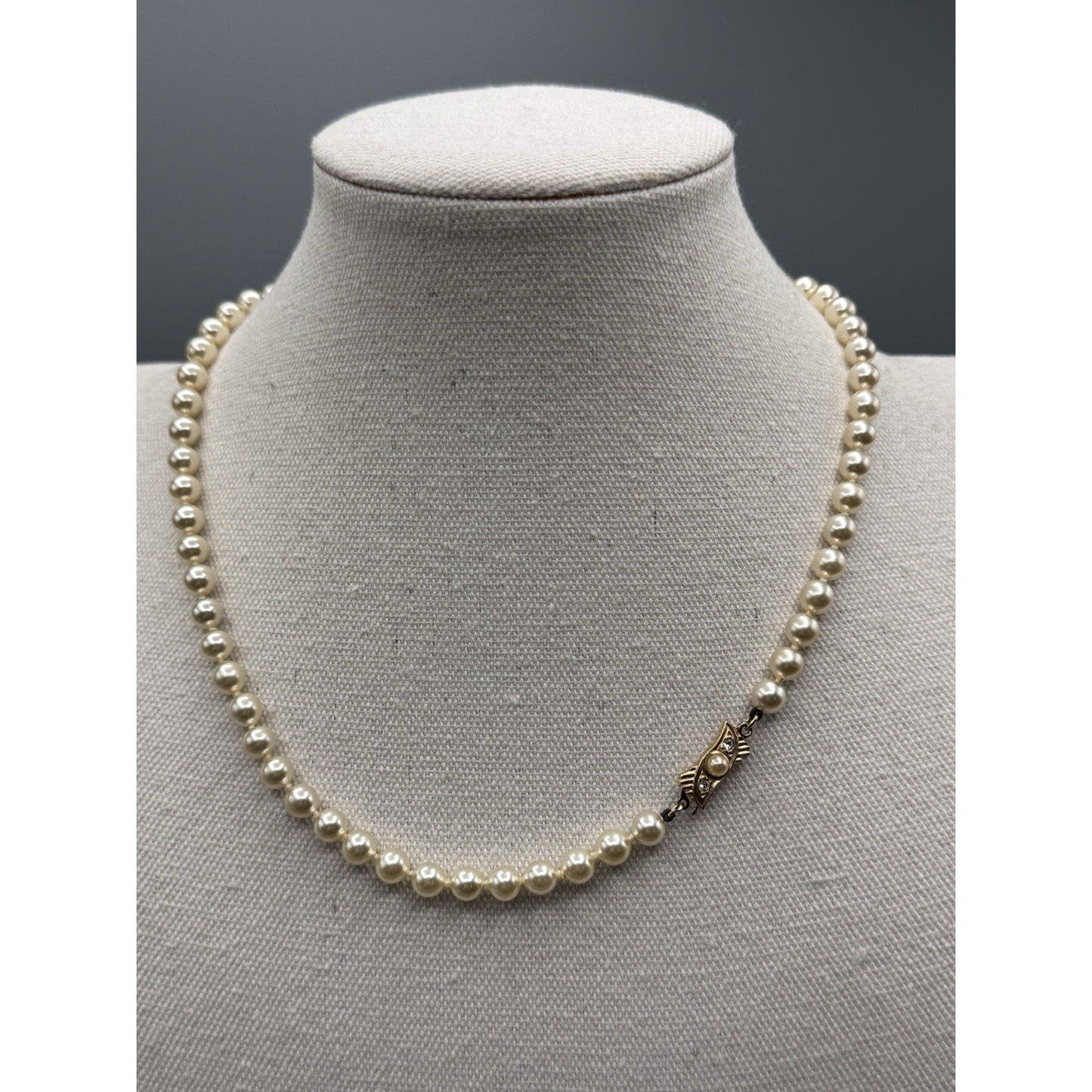 Vintage Faux Pearl Necklace Knotted 18.5” Gold Tone Rhinestone Clasp Bridal