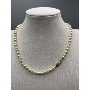 Vintage Faux Pearl Necklace Knotted 18.5” Gold Tone Rhinestone Clasp Bridal