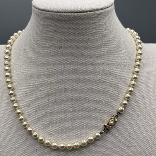 Vintage Faux Pearl Necklace Knotted 18.5” Gold Tone Rhinestone Clasp Bridal