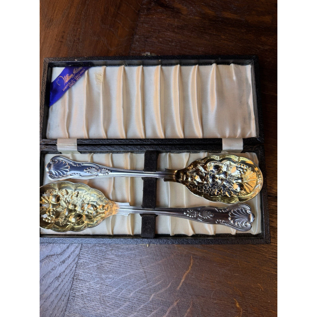 Silverplate Salad Tongs Sheffield Gold Wash Fruit Kings Crown Cased 9”