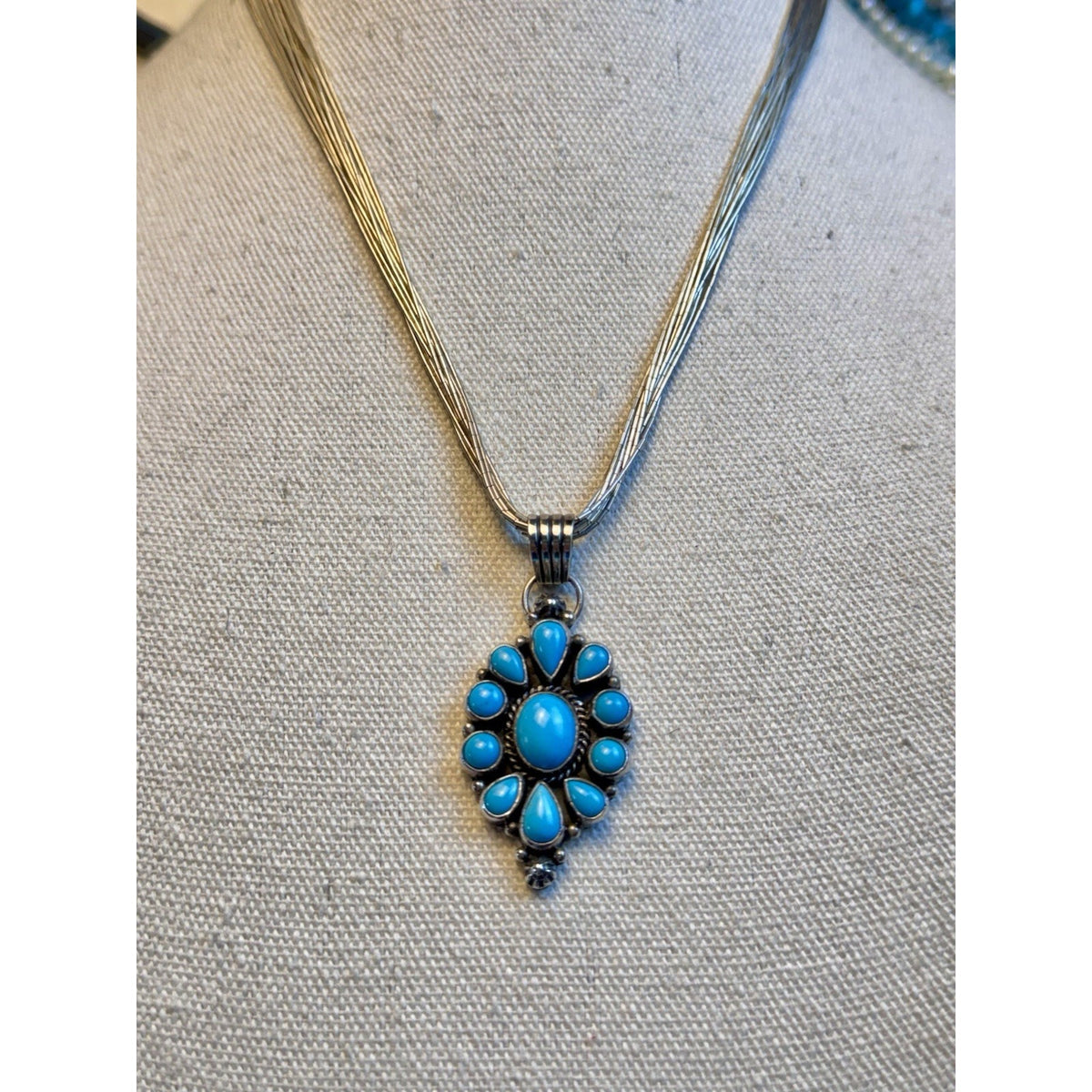 L GANADO Sterling NAVAJO Turquoise Pendant Signed Waterfall Necklace 17.5”