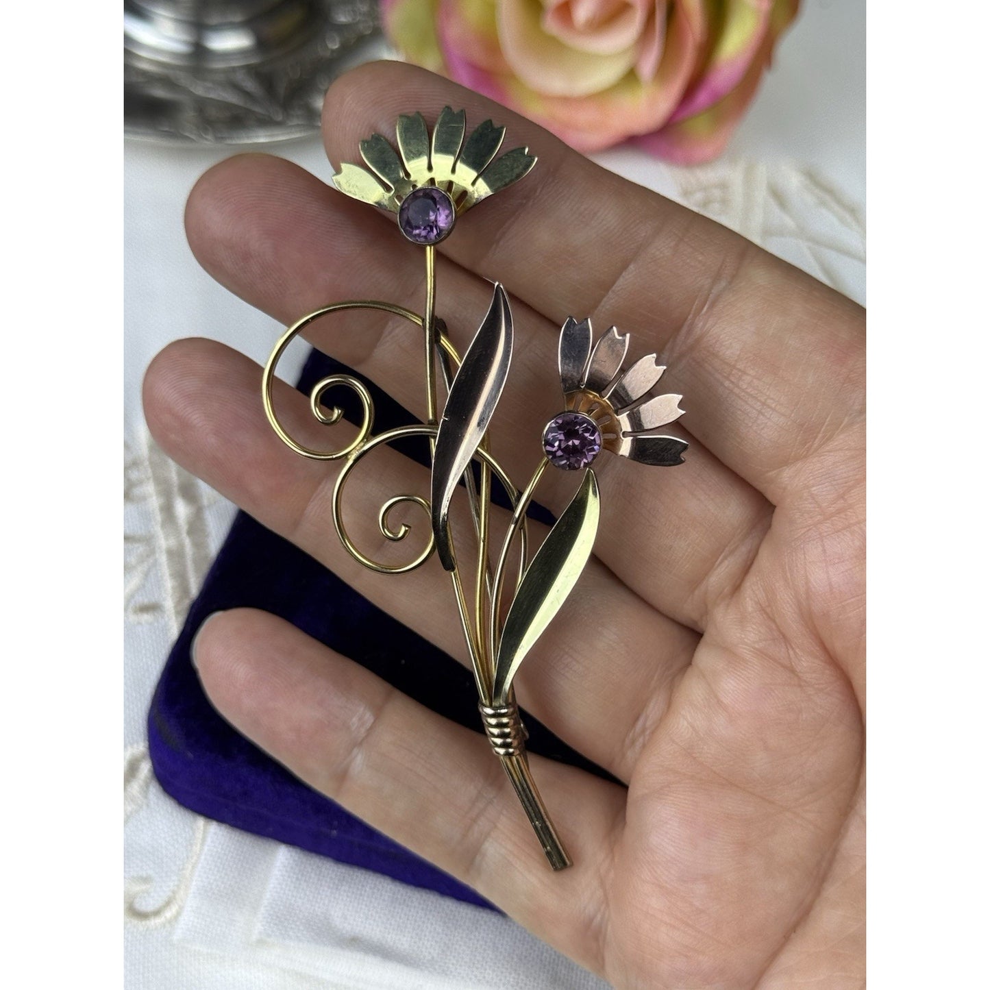 Van Dell Sterling Gold-Filled Floral Brooch Purple Rhinestones 3” Vintage