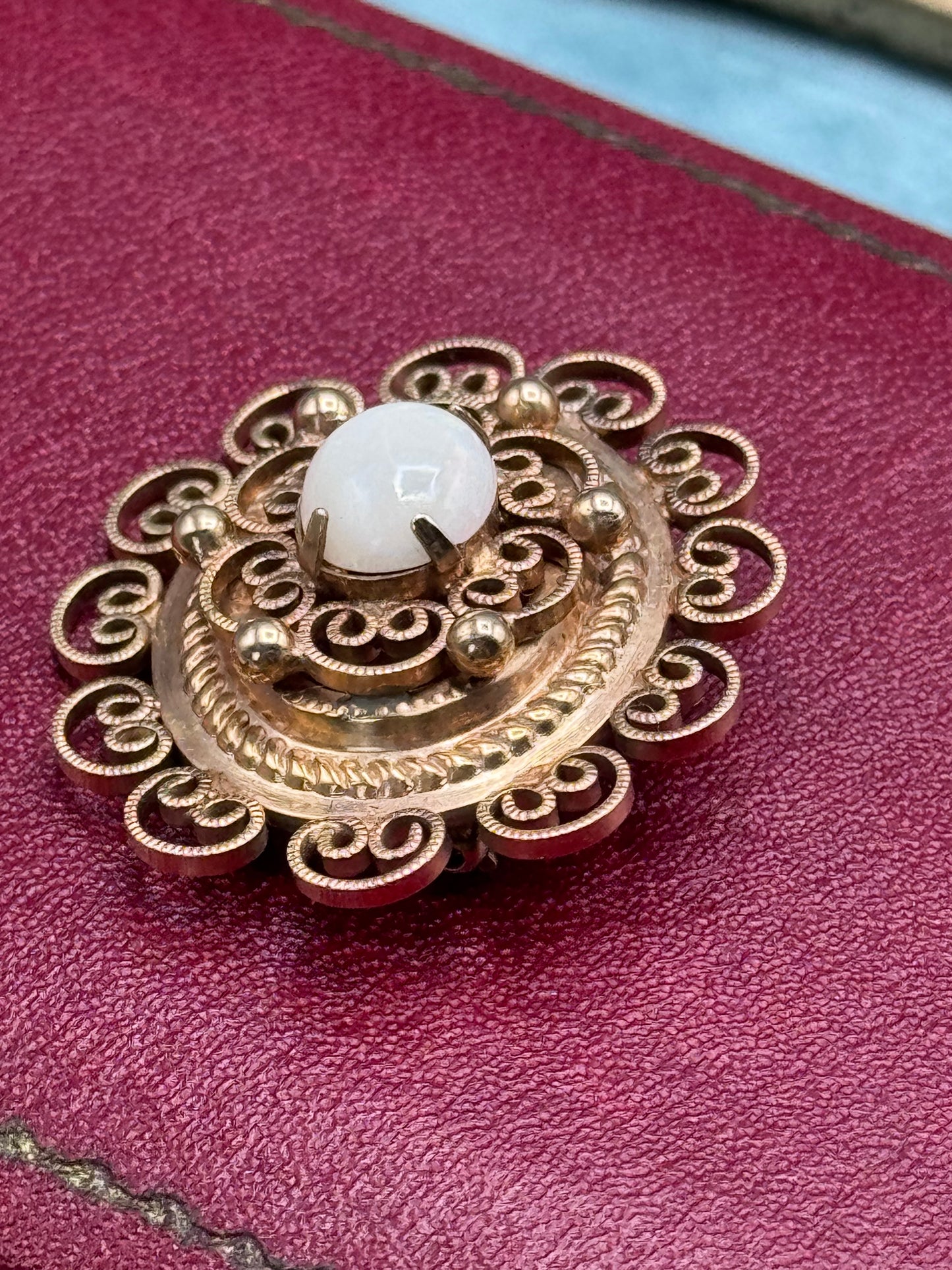 Vintage Winard 12K GF Etruscan Revival Brooch White Cabochon Filigree Pin