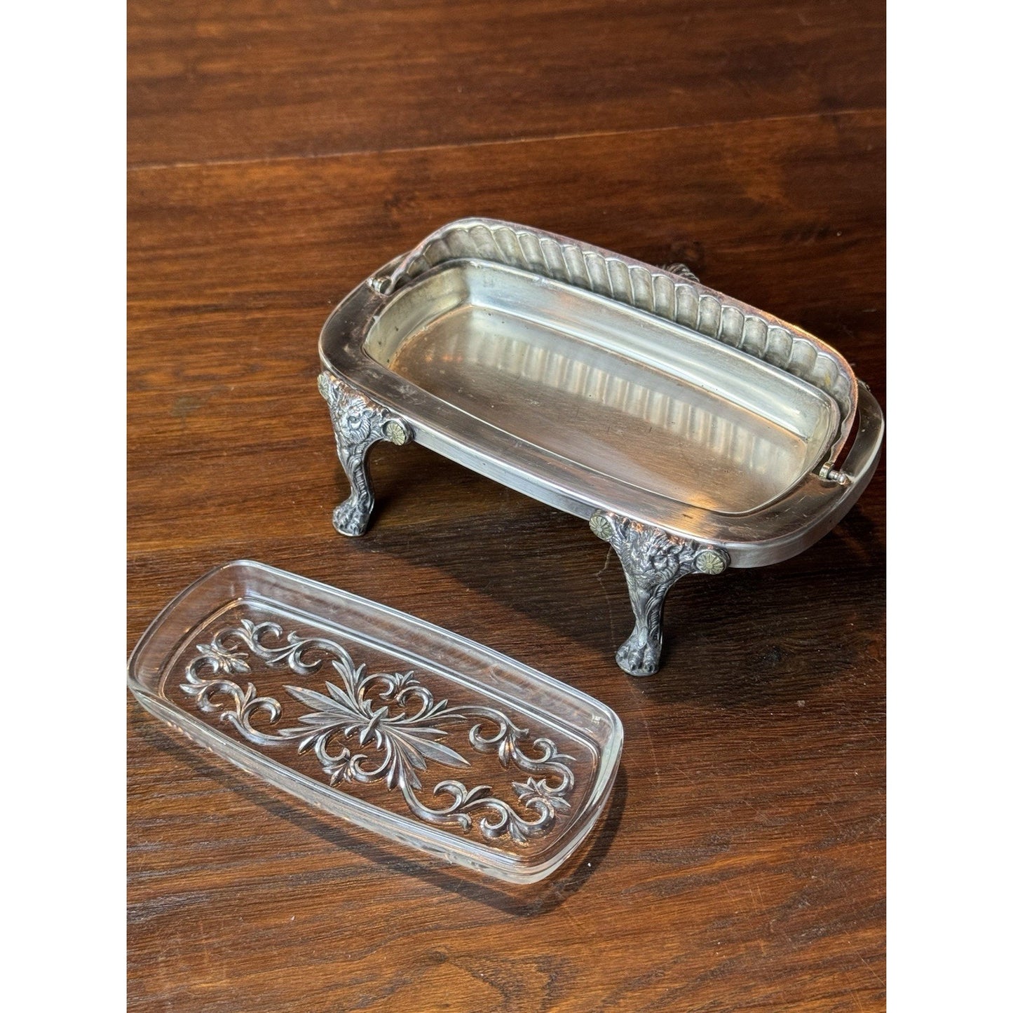 Silverplate Roll Top Butter Dish F B Rogers Silver Co Lion Feet 7.5”