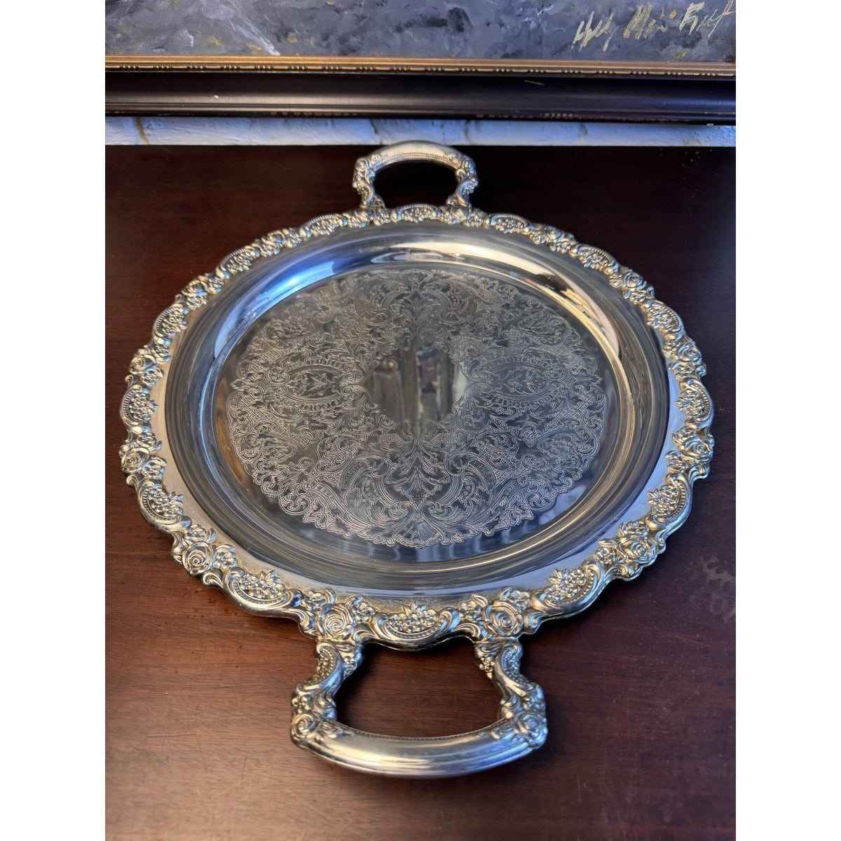 Silverplate Round Serving Tray Rose Border Handled Elegant Tableware