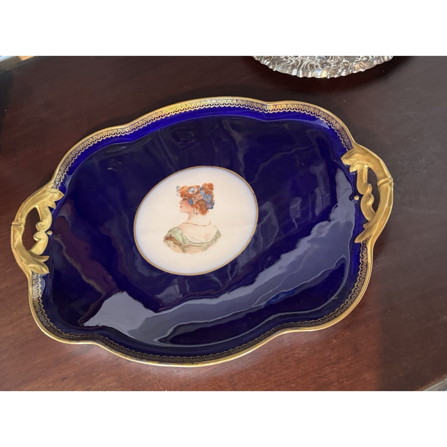 Limoges France Vanity Tray Guerin Cobalt Blue Gold Portrait Porcelain 17.75”