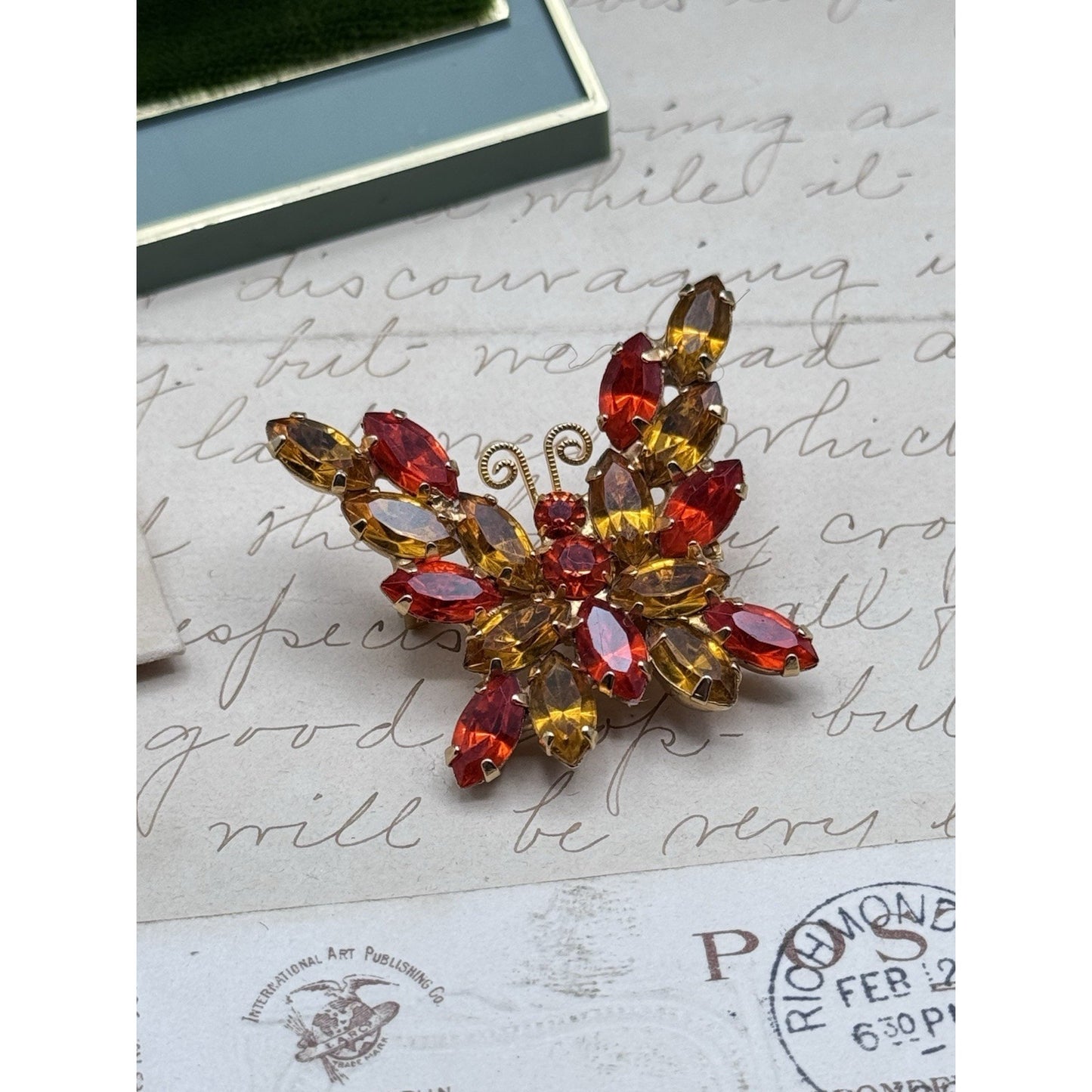 Park Lane Butterfly Brooch Rhinestone Burnt Orange Gold Signed 1.5” VINTAGE