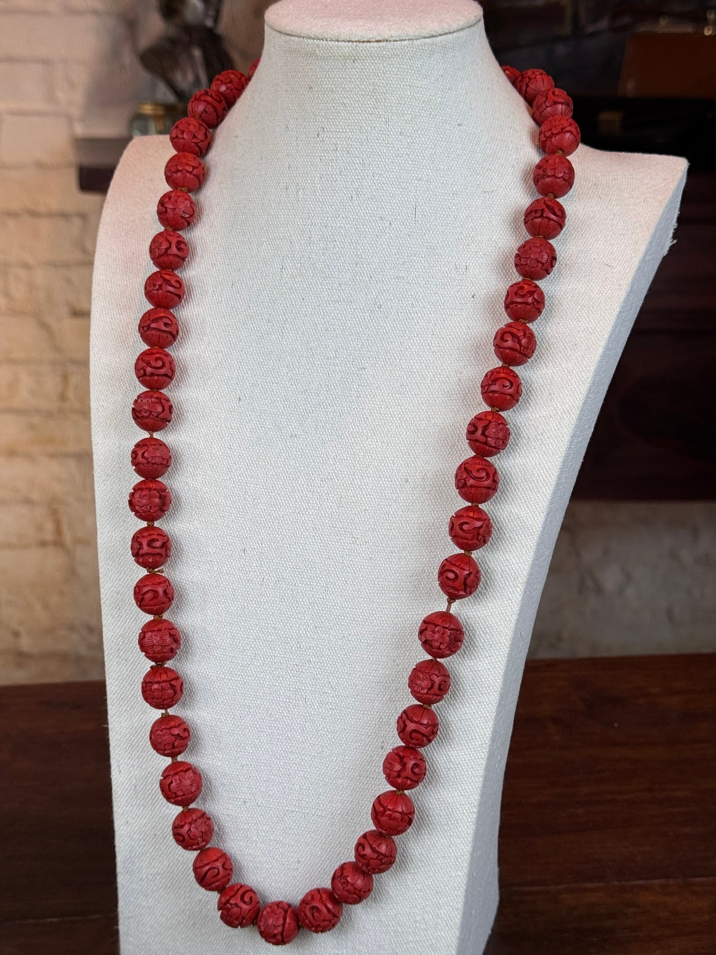 Vintage Cinnabar Necklace Carved Knotted Beads Chinese Style Long 30”