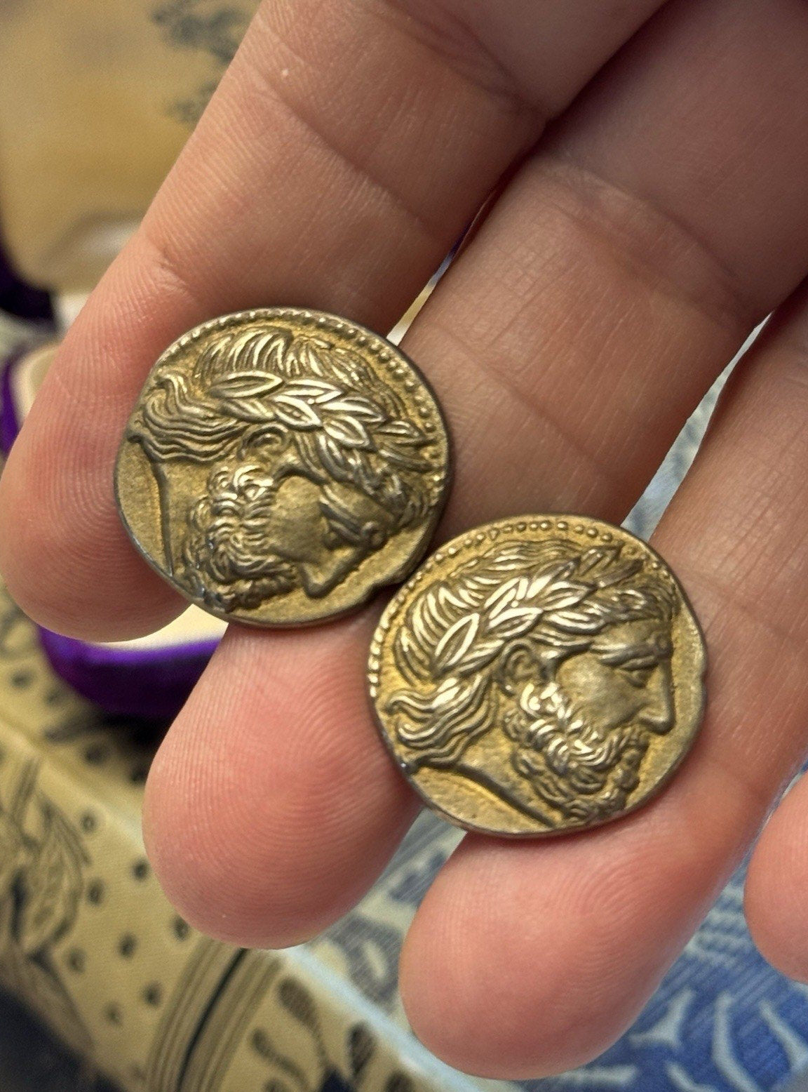 800 Silver Cufflinks Zeus Coin Gold Wash Greek Mythology Round Vintage .87” Pair