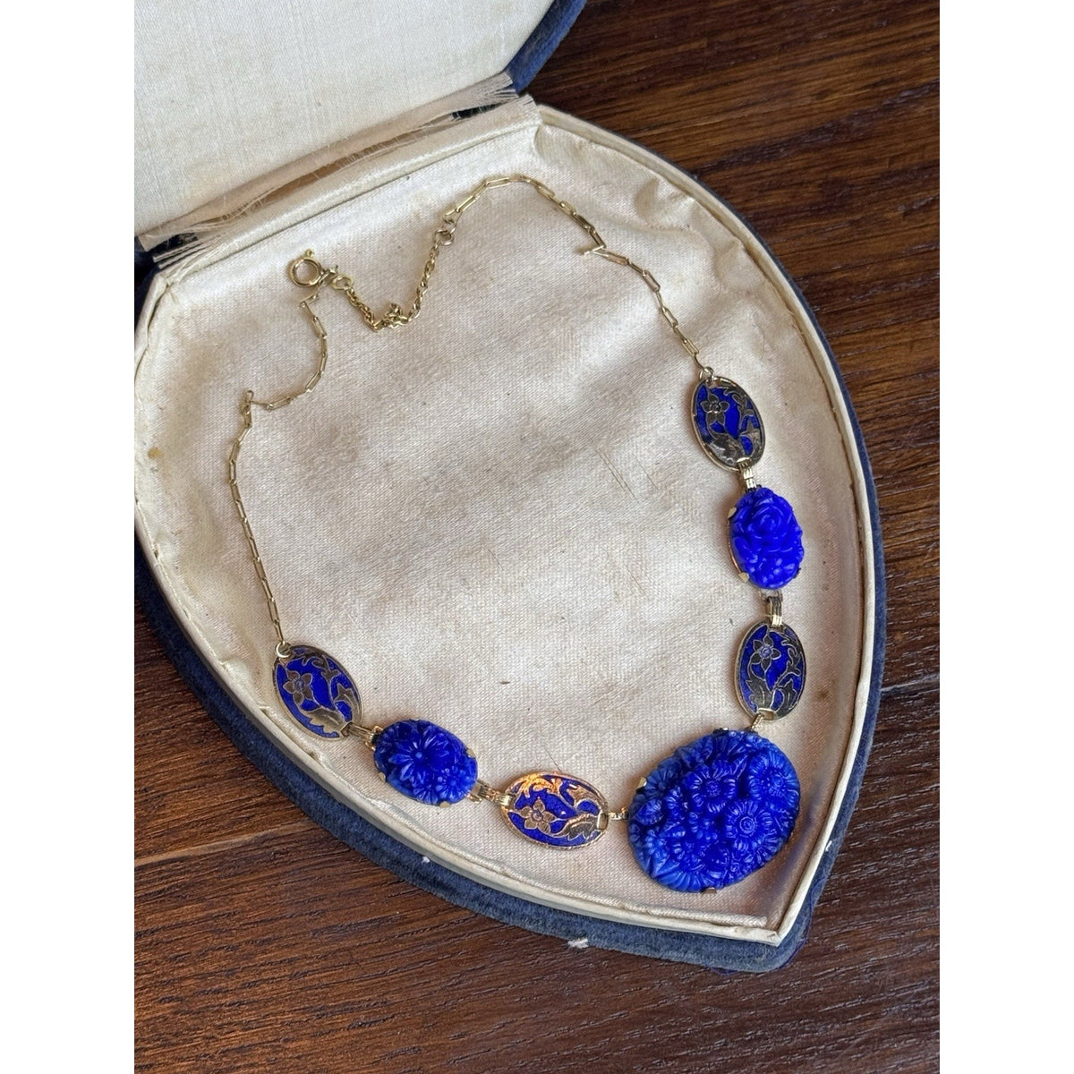 Vintage Czech Necklace Blue Pressed Glass Floral Enamel Goldtone Art Deco 16”
