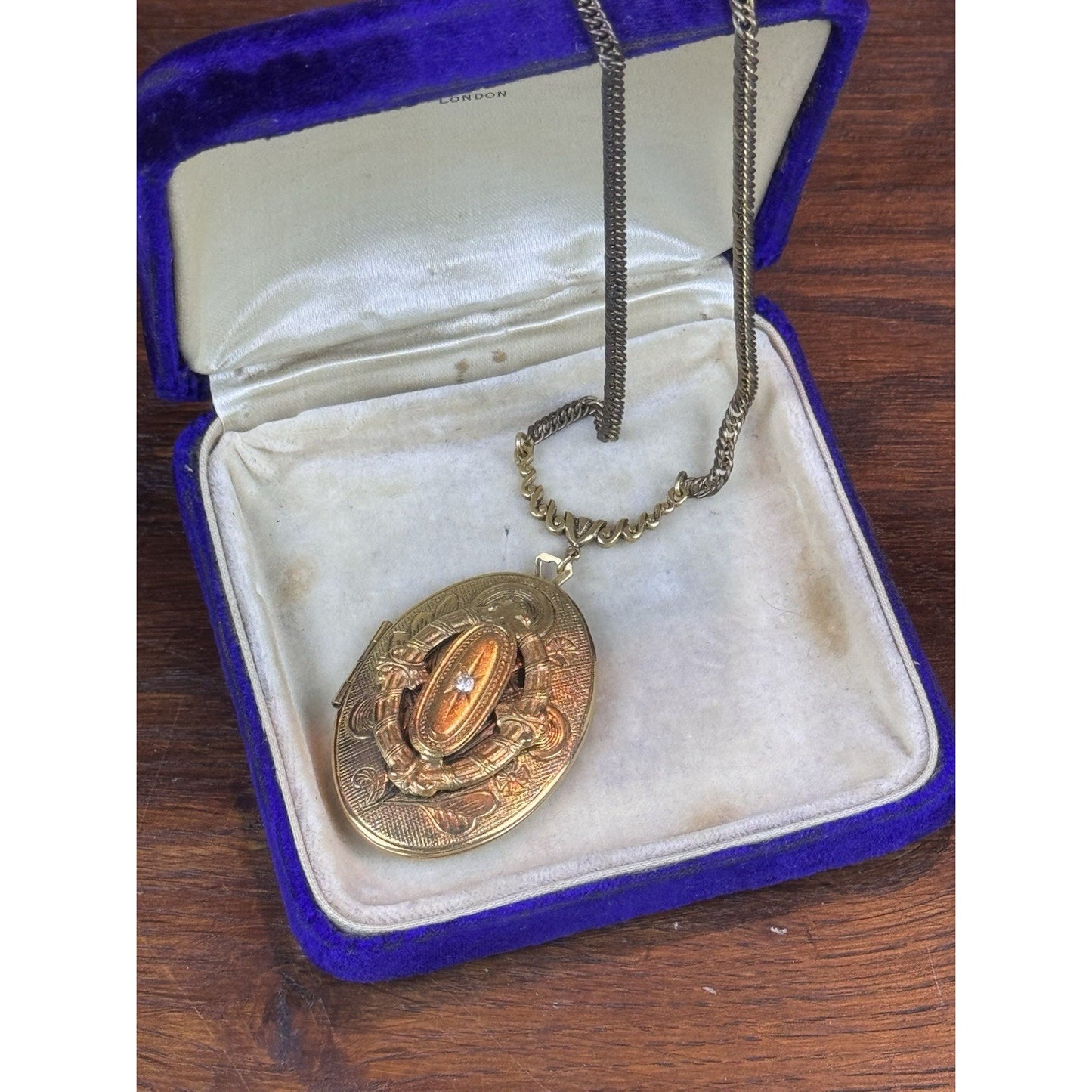 Vintage Goldtone Locket Necklace Rhinestone Floral Victorian Revival 23.5”