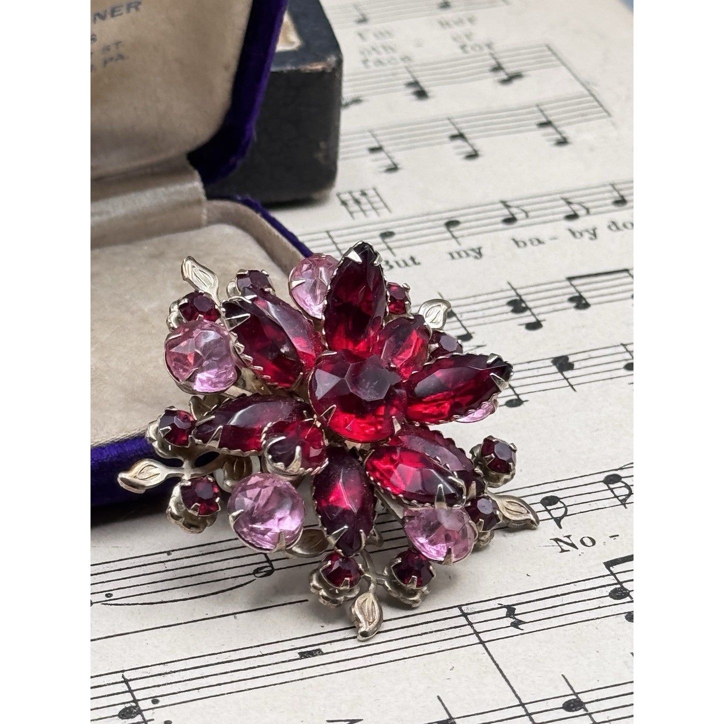 Vintage Red Pink Rhinestone Floral Brooch Silvertone Layered Flower Pin 2”