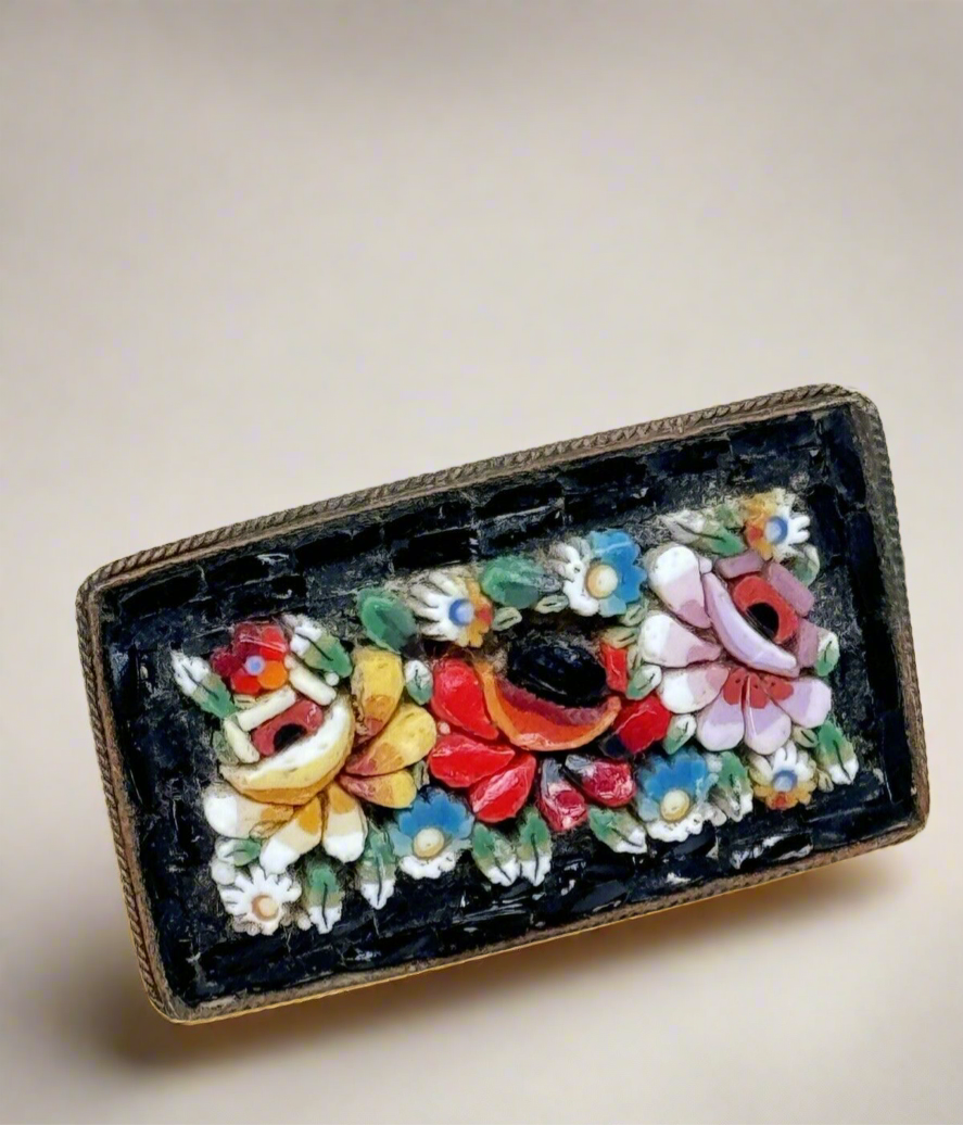 Antique Edwardian Micro Mosaic Floral Pin Made In Italy